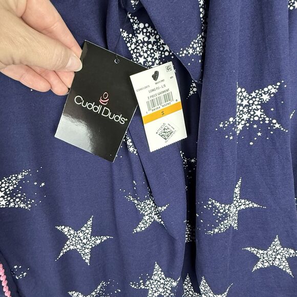 NWT Cuddl Duds Women's Ultra-Soft Printed Pink Collar Navy Stars Pajama Set Sz S - Picture 2 of 8